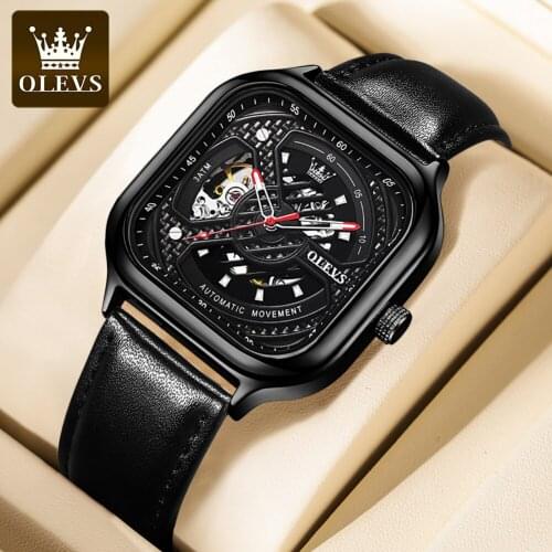 OLEVS Dropshipping Watch Men Mechancial Square Automatic Steampunk Wristwatch Classic Business Black Leather Sports Men Watches