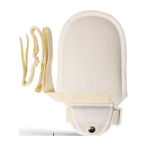 Old man in bed prevent scratching decannulation constraint gloves adult wrist take care patients J2061