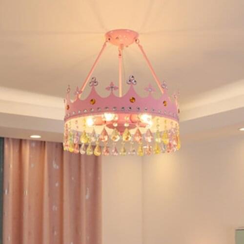 Pink Crown LED Pendant Lights For Kids Room Suspension Crystal Girl Bedroom Golden Boys Hanglamp Home Baby Pendant Lamp