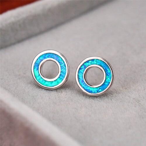 Classic Round Circle Blue/White Fire Opal Stone Stud Earrings For Women Simple Fashion Jewelry Female White Gold Wedding Earring