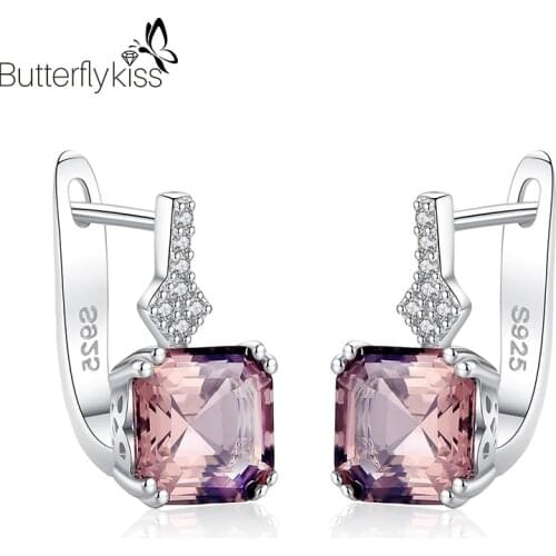 BK New Trendy Light Brown/White Morganite Earrings For Women Real 925 Sterling Silver 14*7mm Square Ear Stud Silver Jewelry