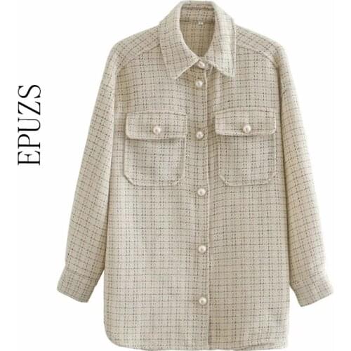 Vintage Pearl button Plaid jacket women Single Breasted Retro Thick shirt coat winter Oversize Womens Coat casual ladies outwear