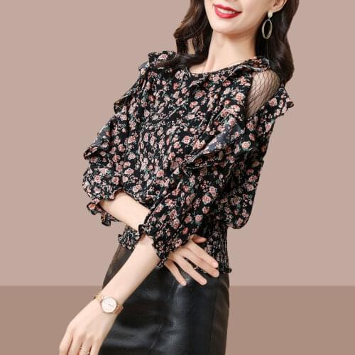 Women Floral Chiffon Shirt Ladies 2021 New Spring Autumn Fashion Blouse O Neck Lace Blusas Tops Plus Size 4XL