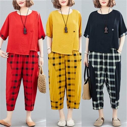 2021 Summer Fashion New Plus Size Women Clothing Top + Harem Pants Two-Piece Plaid Cotton And Llnen Casual Suit Trend H043