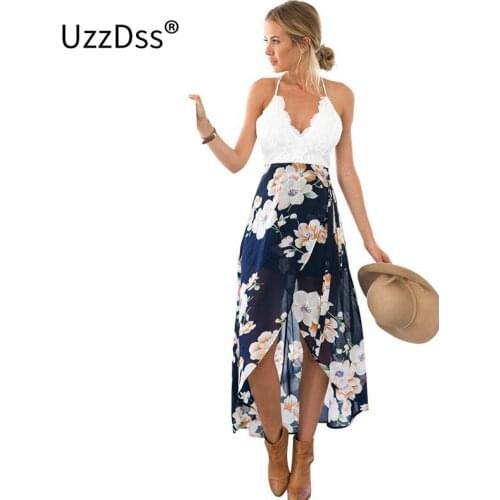 UZZDSS Sexy print lace summer dress Strap deep v neck high waist beach dresses women 2018 new slit backless long dress