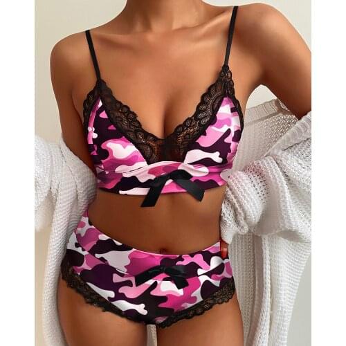 2021 Women Spaghetti Strap Patchwork Lace Trim Camouflage Print Bowknot Lingerie Set
