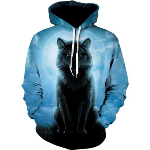 High quality mens printed long-sleeved hoodie 2020 fashion animal Wolf hoodie tops for men and women