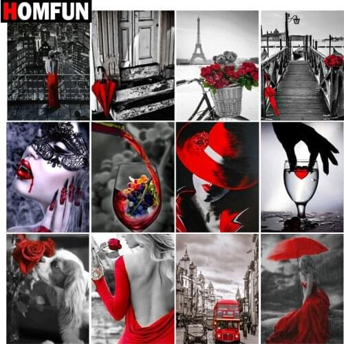 HOMFUN 5D Diamond Pattern Rhinestone Needlework Diy Diamond Painting Cross Stitch"Red beauty umbrella scenery"Diamond Embroidery