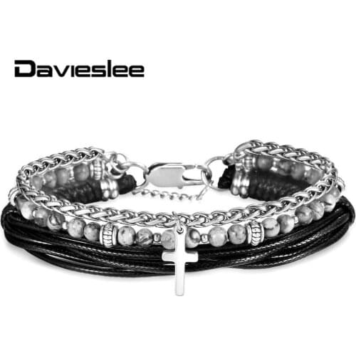 Multi-layers Bracelet for Men Stainless Steel Rope Link Chain Cross Charm Man-made Leather Natural Stone Bead Bracelet LDLB177