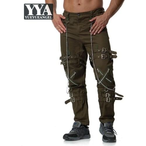 Europe Men Clothes Zippers Fashion Cargo Trousers Personality Tactical Pants High Street Casual Loose Fit Chain Plus Size Pants