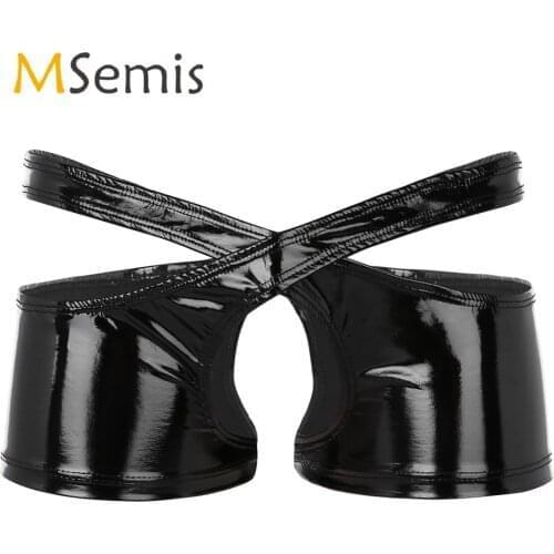 Black Mens Lingerie Crotchless Underwear Wetlook Faux Leather Low Rise Open Crotch Two Symmetrical Halves Boxer Briefs Panties