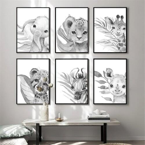 Black And White Animal Canvas Painting Zebra Elephant Giraffe Poster Nursery Wall Art Print Nordic Picture Baby Room Decoration