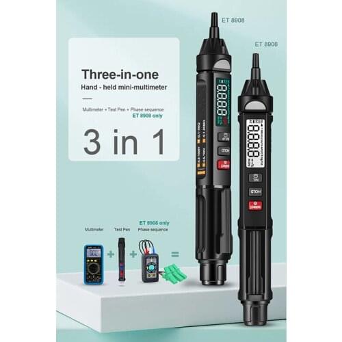 ET8906/ET8908 Pro True RMS Digital Multimeter Electrical Tester Voltage Test Pen Phase Sequences Meter 3 In 1 Color Screen