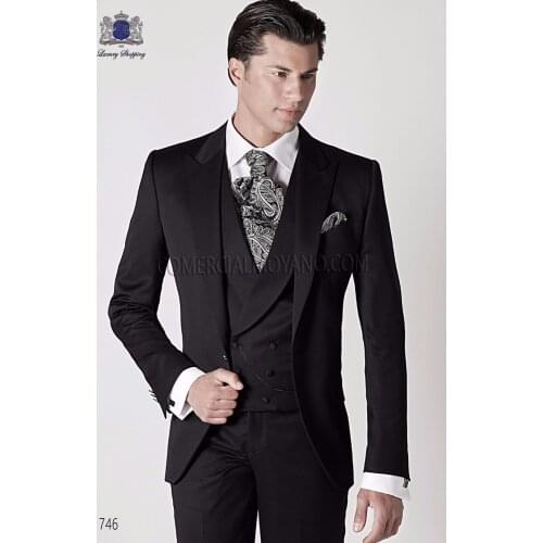 Fantastic One Button Black Groom Tuxedos Groomsmen Peak Lapel Mens Suits Blazers (Jacket+Pants+Vest+Tie) W:1176