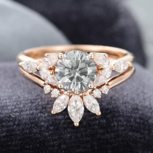 EDI Rose Gold Cluster Engagement Ring 14K Gray Moissanites Marquise cut Ring Bridal Promise Anniversary Gift For Women