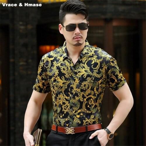 American style fashion printing thin pleuche quality short sleeve shirt Summer new arrival hollow breathable high-end men shirt