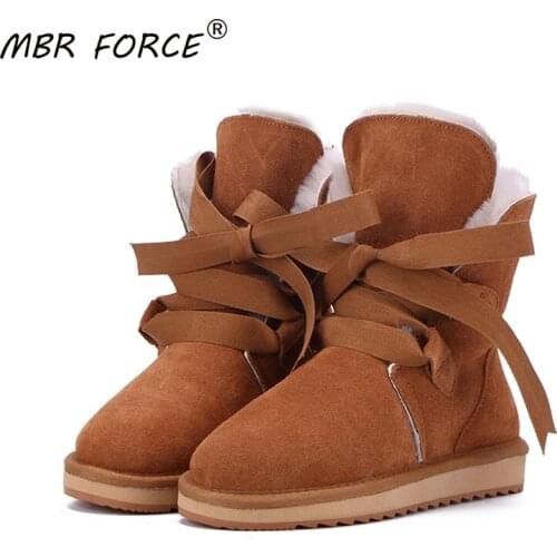MBR FORCE Fashion Classic Cowhide Suede Leather women Lace-up Mid-calf Winter Boots Women Sheep Fur Lined Snow Boots Warm Shoes
