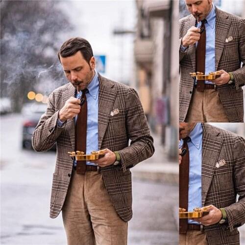 England Style Plaid Men Tuxedos Smart Casual Classic Vintage Check Blazer Party Prom Evening Wedding Coat One Piece