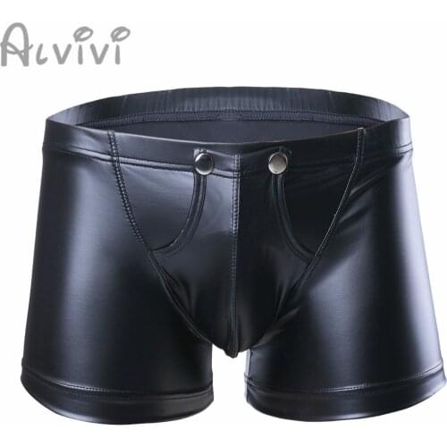 Alvivi Men Panties Lingerie Faux Leather Shorts Underpants Underwear 2 Press Button with Bulge Pouch Low-waisted Male Panties