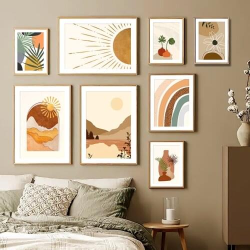 Boho Mountain Lake Rainbow Sun Plant Leaf Wall Art Canvas Painting Nordic Posters And Prints Wall Pictures For Living Room Decor