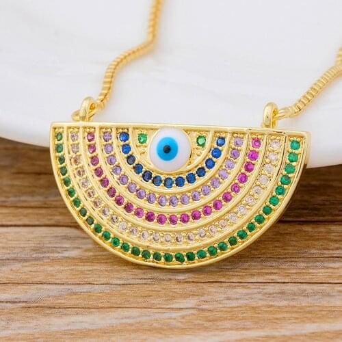 New Style Women Copper CZ Long Chain Pendants Necklace Blue Evil Eye Cubic Zircon Shiny Rhinestone Gold Charm Semicircle Jewelry