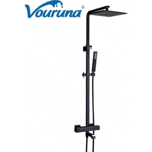 Exposed Square Style Black Thermostatic Bathroom Shower Set Temperature Control Bathing Mixer Faucet Tap Wall Mounted Brass