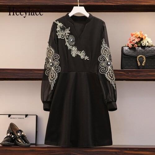Plus Size Women French Vintage Luxury Embroidery Elegant Dress Autumn 2020 Fashion V-neck Lantern Sleeve Beading A-line Dresses