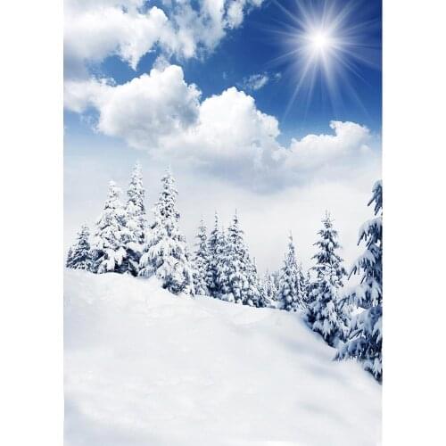 Christmas Tree Blue Sky White Clouds Sun Snow Photography Backdrops Vinyl Cloth Background for Children Baby Photoshoot Props