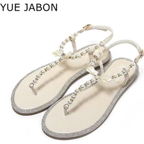 Women summer sandals 2020 new black shoes flat pearl sandals comfortable string bead beach slippers casual sandals pink white