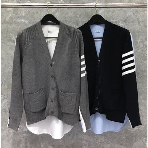 2021 Fashion Brand Sweaters Men Slim Fit V-Neck Cardigans Clothing Patchwork Striped Wool Thick Casual Winter Coat