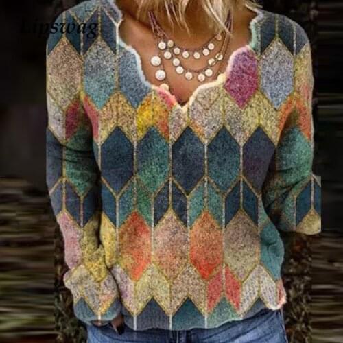 2020 Autumn Women Vintage Geometric Printed Sweater Casual V Neck Knitted Tops Pullover Female Long Sleeve Loose Sweaters Jumper