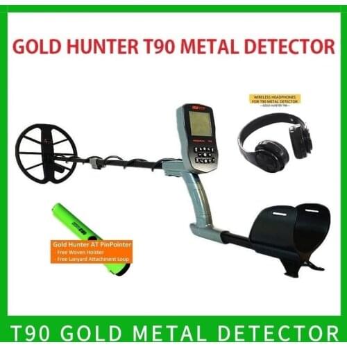 T90 high sensitivity underground gold metal detector with 12'' waterproof coil and wireless headphone and telescopic shaft