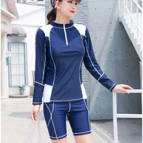 Womens Zip Front Long Sleeve Rashguard Shirt Color Block Tankini Swimsuit Top & Bottom Sun UV Protection Padded Bathing Suits