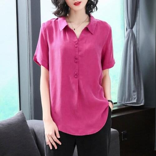2019 Summer Women Loose Buttons Short Sleeve Purple Red Green 6XL Blouse Top Shirt , Female Womens 5xl 6xl Blouses and Tops