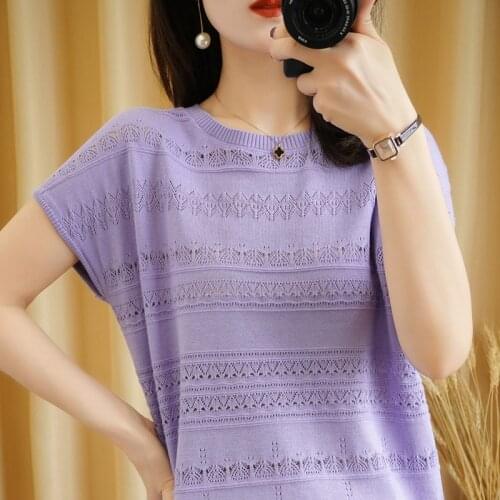 SZDYQH 2021 New Summer Thin 100% Cotton Hollow Out Short-Sleeved Female Round Neck T-Shirt Plus Size Knitted Pullover Solid Tops
