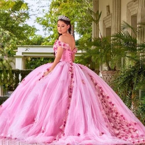 2021 Pink Ball Gown Champagne Quinceanera Dresses 3D Flower Beaded Sweet 15 16 Dress Prom Gowns Gorgeous vestido de 15 anos