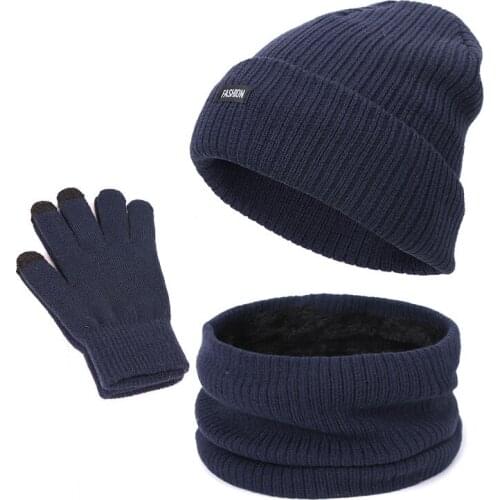 Winter Beanie Hat Scarf Gloves Three-piece Set Women Men Touch Screen Gloves Outdoor Warm Velvet Knitted Unisex Beanie Hats Sets