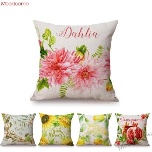 Watercolor Summer Garden Sunflower Pomegranate Flower Blossom Leaves Home Decorative Throw Pillow Case Linen Cushion Cover Case