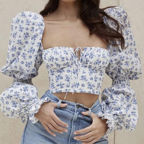 Blue Floral Print Womens Blouses Square Collar Princess Sleeve Female Elegant Blouse Spring Lady Sweet Lace up Crop Tops Shirts