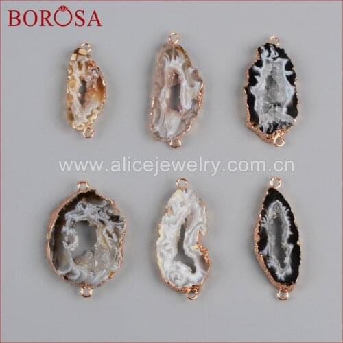 BOROSA Silver Color Or Rose Gold Color Freeform Natural Onyx Stone Slice Connector Double Bails Druzy DIY Bracelet S0952/R0952