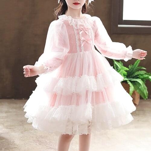 Kids Little Girls' Dress Plaid Butterfly Party Birthday Beaded Mesh Lace Trims Knee-length Long Sleeve Princess Sweet Dresses
