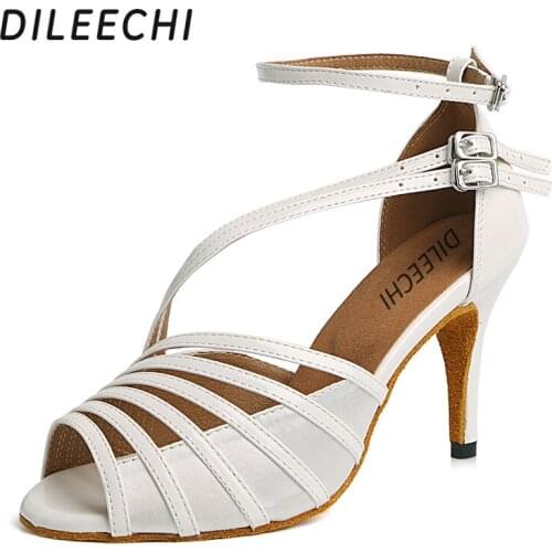 DILEECHI white PU Satin Latin dance shoes womens Ballroom dancing shoes Salsa Party Square dance shoes high heels