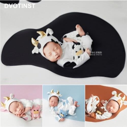 Dvotinst Newborn Baby Photography Props 2021 Cute Cow Outfits Hat Doll Blanket Backdrop Set Accessories Studio Shoot Photo Props