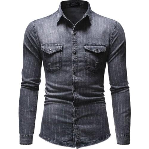 Denim Shirt Men Casual Striped Panel Button Down Turn-down Collar Denim Shirts with Pockets Shirt Camisa Masculina