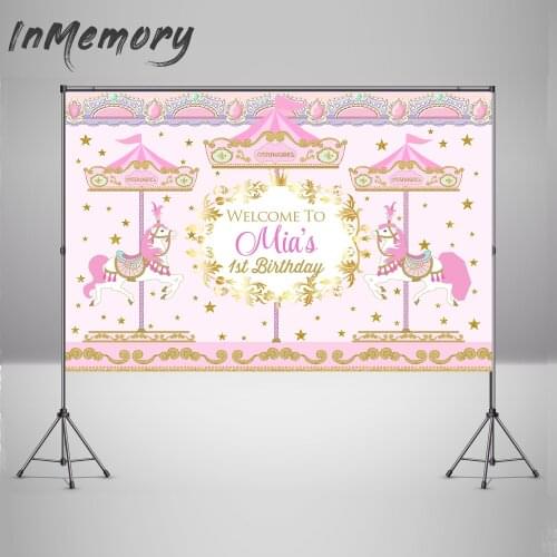 Girls 1st Birthday Party Photo Background Custom Pink Carousel Baby Shower Photography Background Horse Banner Photo Studio