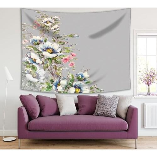 Tapestry Wild Bouquet of Flowers Blossoms on Gray Background Vintage Painting Style Floral Artwork Green White Blue