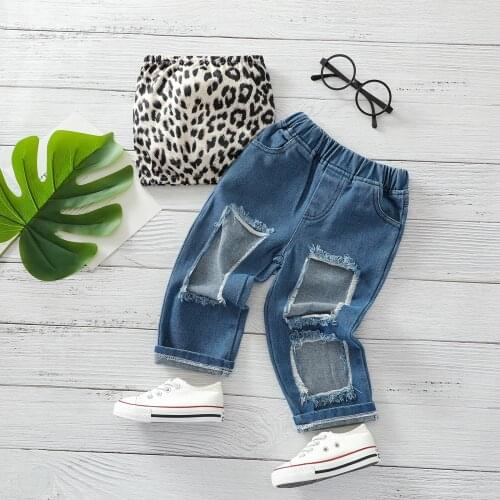 Girls Summer Clothes Set Leopard Sleeveless Cropped Top Ripped Denim Pants 2 Pcs Clothing Suit Baby Outfits for Kids Girls