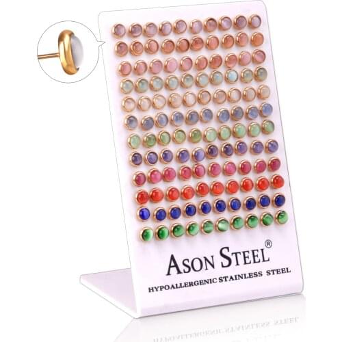 LUXUKISSKIDS 60paris/lot cat-eye Rinestone Small Stud Earrings Set Stainless Steel Screw Plug Earring For Women Kids Girl Men