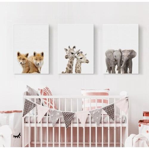 Twins Baby Animals Poster And Prints Wall Art Elephant Fox Giraffe Canvas Painting Nordic Pictures Home Decor Nursery Baby Room