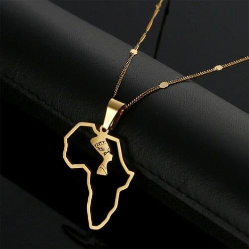 Stainless Steel Africa Map Pendant Necklace Egyptian Queen Nefertiti Jewelry African